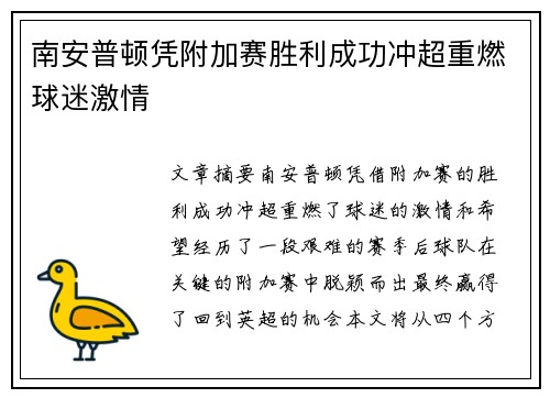 南安普顿凭附加赛胜利成功冲超重燃球迷激情